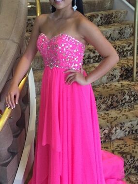 Mori Lee Strapless Hot Pink Beaded Evening Gown